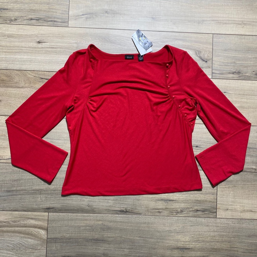 Q.U.E Womens Draped Neckline Long Sleeve Top Size XL Wild‎ Cherry
